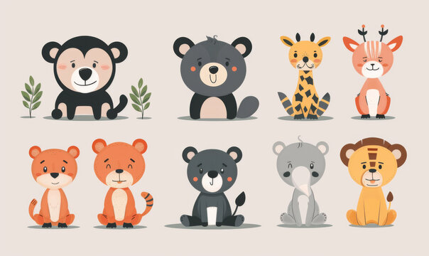 A colorful set of cartoon animal illustrations, perfect for children's educational materials and decorations.