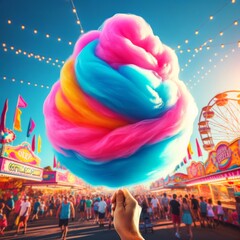 A brightly colored cotton candy spiral upward at a bustling summer fair, with rides and lights in the background