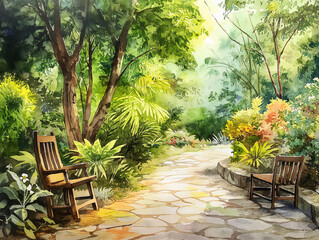 garden with flowers,tropical garden with trees,A chair on a stone walkway in a park made up of large trees and lush greenery.