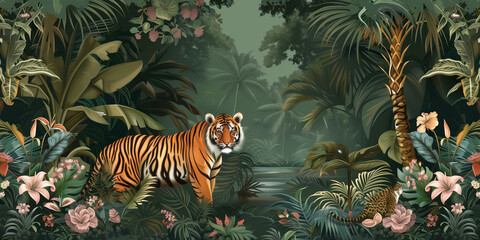 Seamless pattern, Tropical jungle background with tigers. vector illustration