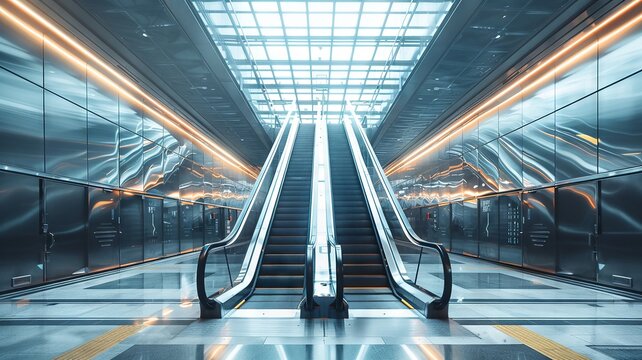 Bright and airy transit space with metallic escalators and glass panels