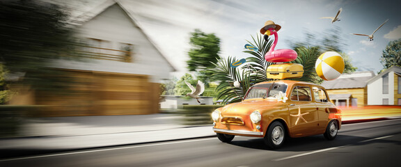 Orange retro car with luggage and beach accessories in a rush for summer vacation. Summer travel concept background. 3D Rendering, 3D Illustration