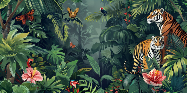Seamless pattern, Tropical jungle background with tigers. vector illustration