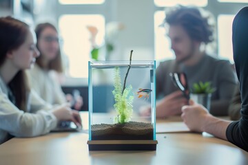 small fish tank on a shared office table, coworkers admiring it