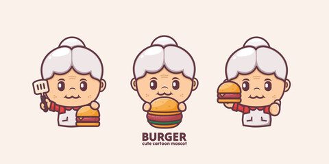 cute grandma cartoon mascot with burger