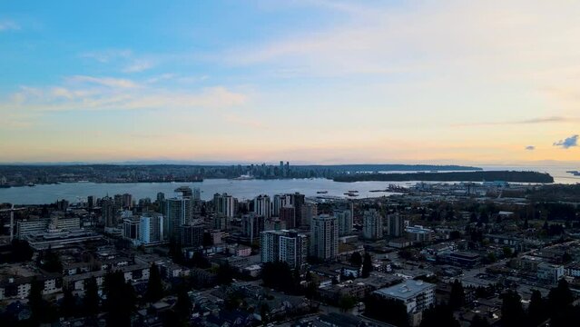 Aerial Video footage of Central Lonsdale looking to downtown Vancouver