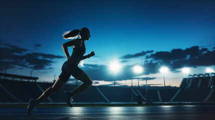 Silhouette of a female athlete running at the stadium at night. Dedication determination concept with room for text or copy space. - 768870883