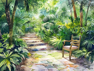Fototapeta premium garden with flowers,tropical garden with trees,A chair on a stone walkway in a park made up of large trees and lush greenery.