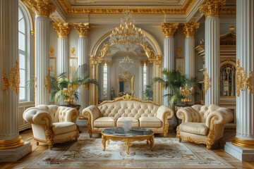 Luxurious living room interior with expensive antique furniture in golden baroque style - obrazy, fototapety, plakaty