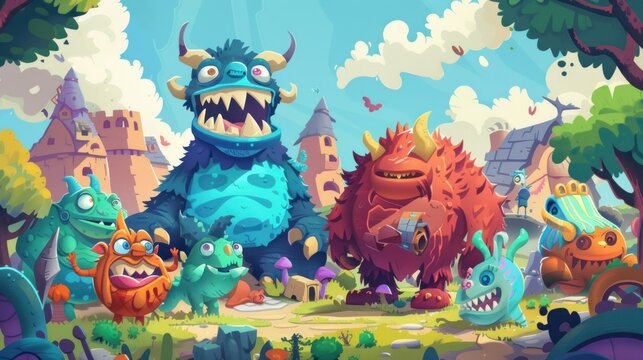 a collection of monsters in a zoo with cute monster creatures in their habitat.Ai generated