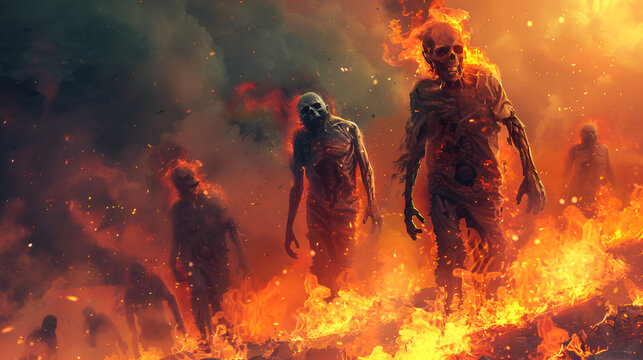 Zombies in fire banner, generative ai