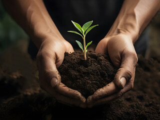 Trees planted on the ground in human hands with nature background, the concept of plant growth, and environmental protection.