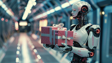 Advanced humanoid Ai Robot with Pink Gifts on Futuristic Background, symbolizing blending of robotics with the act of giving. machine intelligent electronics metallic cybernetic automation present