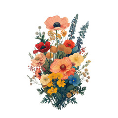 Bouquet of colourful wild meadow flowers, vintage art, isolated floral decor