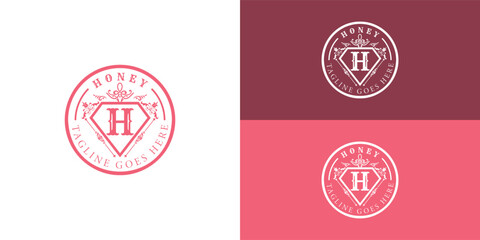 Abstract Initial letter H with retro icon stamp logo in attractive pink color isolated on multiple background colors. The logo is suitable for merchandise and beauty logo design inspiration template