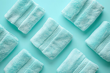 Set of Colorful Towels on Blue Background, Top View Flat Lay Collection for Bathroom or Spa Concept
