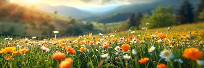 A bright sun shines on the green grass, yellow wildflowers of daisies blooming on blue sky background.A beautiful spring summer meadow..banner - obrazy, fototapety, plakaty