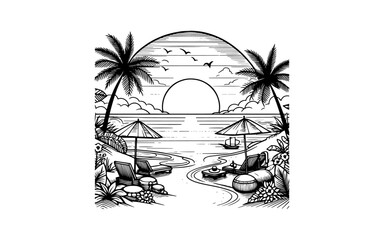 Summer sunset tropical beach line art vector illustration, hand drawn sunset and sunrise outline landscape tropical beach, palm tree with sunset waves Nature view.