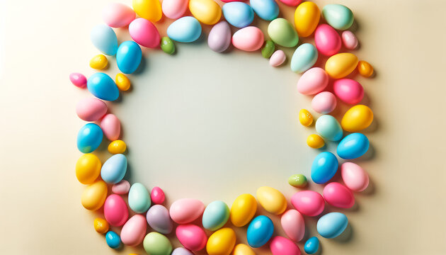 Multicolored Candy Eggs Encircle a Warm Beige Backdrop