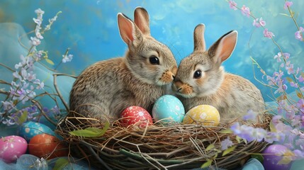 Fototapeta na wymiar The epitome of springtime joy captured in a moment, with two fluffy Easter bunnies nestled in a nest among a profusion of bright eggs on a blue canvas.