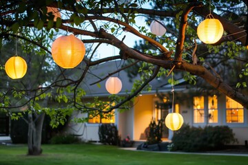 paper lanterns hanging from tree branches over a houses front lawn