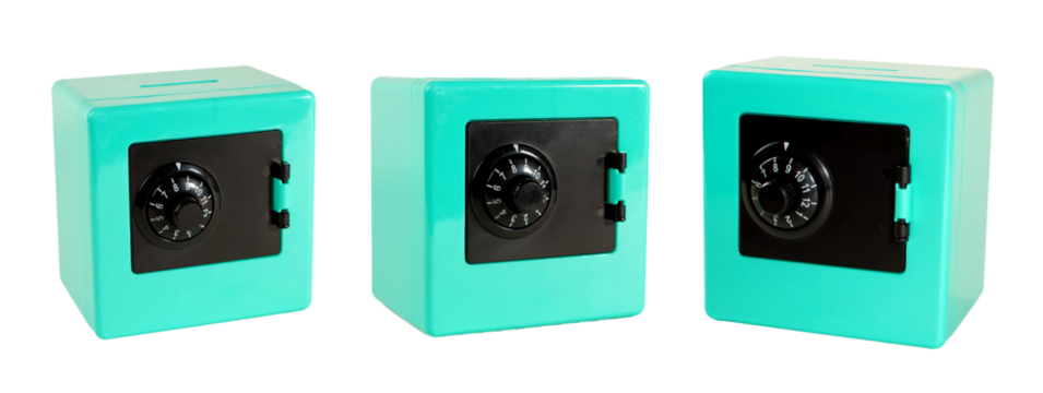 A small green safe with a black dial and a white label that says "Flocker Safe"