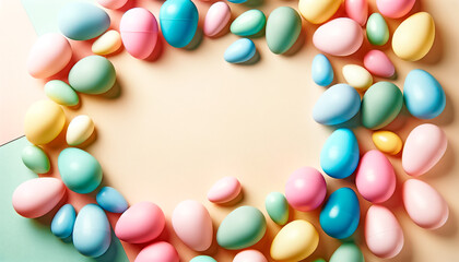 Multicolored Candy Eggs Encircle a Warm Beige Backdrop