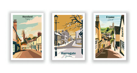 Frome, Somerset. Harrogate, Yorkshire. Hereford, England - Set of 3 Vintage Travel Posters. Vector illustration. High Quality Prints