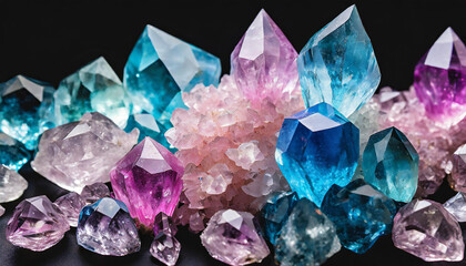 Close-up of blue pink abstract crystals on black background. Precious stones.