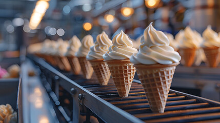 Obraz na płótnie Canvas Modern food processing factory manufacturing ice cream, food day, Generative Ai