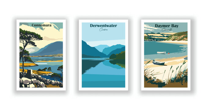 Connemara, Ireland. Daymer Bay, Cornwall. Derwentwater, Cumbria - Set of 3 Vintage Travel Posters. Vector illustration. High Quality Prints