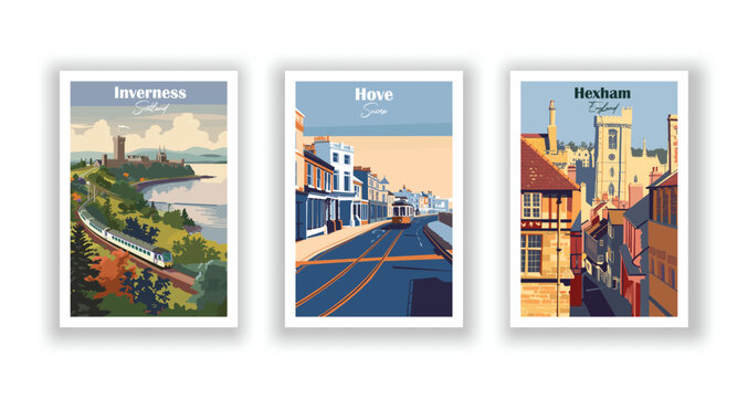 Hexham, England. Hove, Sussex. Inverness, Scotland - Set of 3 Vintage Travel Posters. Vector illustration. High Quality Prints