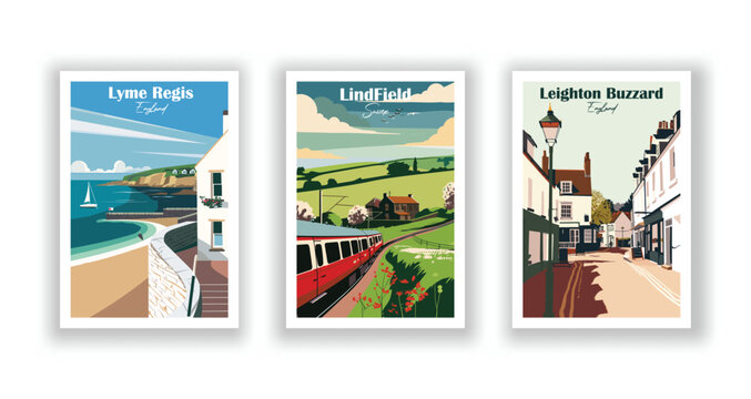 Leighton Buzzard, England. LindField, Sussex. Lyme Regis, England - Set of 3 Vintage Travel Posters. Vector illustration. High Quality Prints