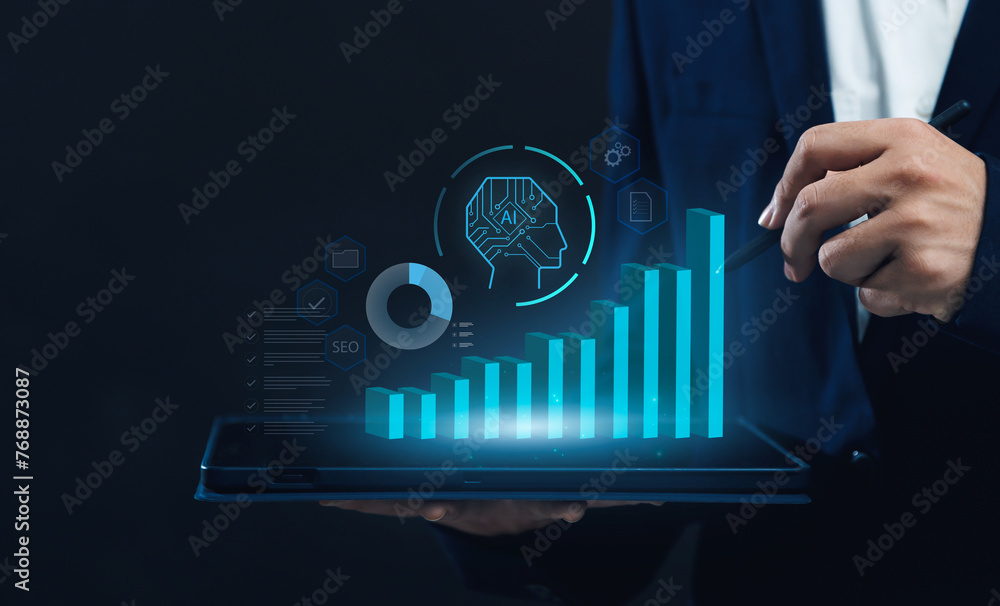 Poster business person using tablet with graphical charts data on marketing and ai intelligence strategy fo