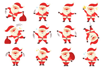 Cartoon vector illustration of Santa Claus and a decorated Christmas tree with gifts. Winter holidays design elements isolated on white. Funny and cute retro character. For New Year cards, banners