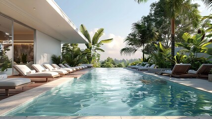 Inviting pool terrace with white chairs and tropical backdrop