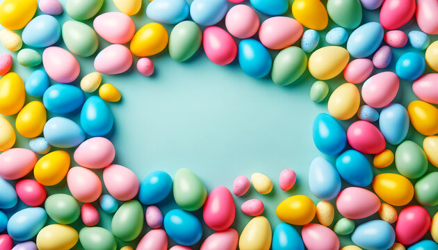 Multicolored Candy Eggs Encircle a Warm Beige Backdrop