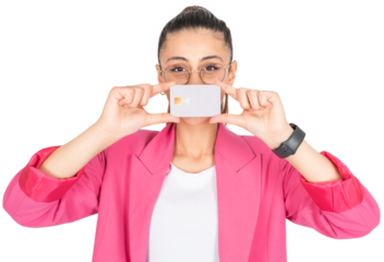 Holding credit card, young rich brunette caucasian woman 20s holding credit card. Wear pink jacket. Cover her face. People lifestyle. Pay, payment, moneyless concept idea. Transparent png image.