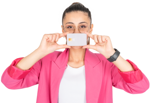 Holding credit card, young rich brunette caucasian woman 20s holding credit card. Wear pink jacket. Cover her face. People lifestyle. Pay, payment, moneyless concept idea. Transparent png image.