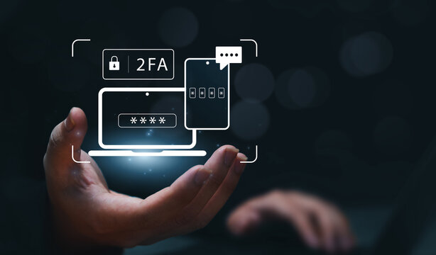 2 factor authentication 2FA method using computer laptop to protect data and account on internet data security concept, computer technology graphics icon.