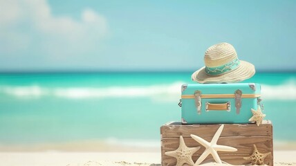Travel concept: a suitcase with a hat on a sandy beach against turquoise waters