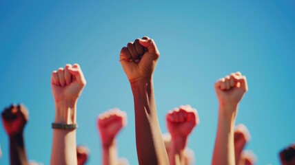 Raised fists of diverse individuals signify unity and strength