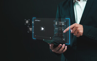 Live shop ecommerce store concept, sales marketing selling products online live on streaming platform, sales business person advertisement strategy.