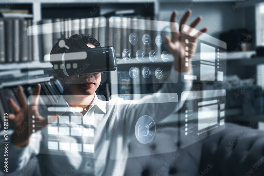 Aufkleber asian businessman using vr virtual reality headset interacting internet browser window with an appli