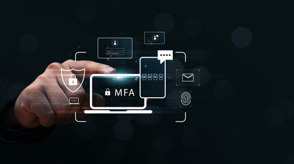 Multiple factor authentication MFA method using portable devices to protect data and account on internet data security concept, businessman finger touching secure computer technology graphics icon. - obrazy, fototapety, plakaty
