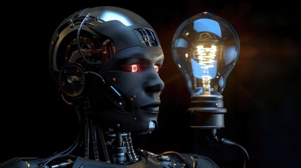 A humanoid robot with intricate design details holds a glowing light bulb, symbolizing AI innovation