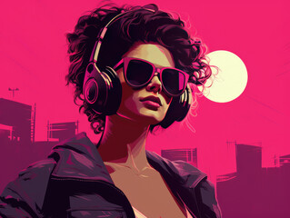 Naklejka na ściany i meble Young woman wearing headphones and sunglasses, listening boombox music on a dark pink magenta background. Vibrant pop art retro style, 1980s, cranberrycore.