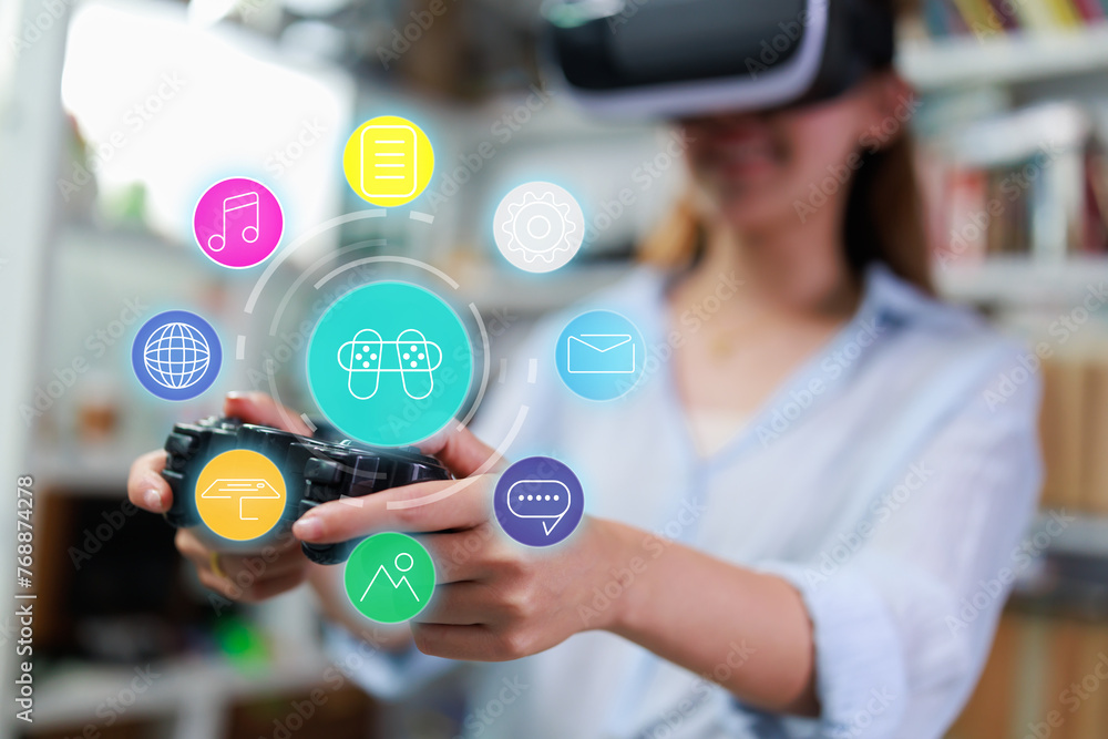 Poster asian businesswoman using vr virtual reality headset interacting with internet browser window with a