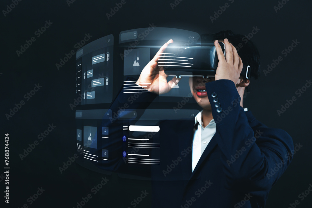 Aufkleber asian businessman using vr virtual reality headset interacting internet browser window with an appli
