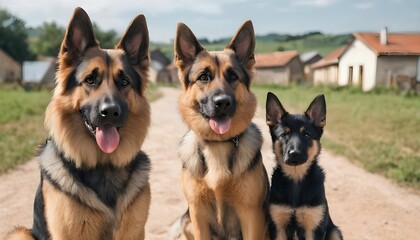 International dog day with cute Yorkshire German Shepherd and domestic dogs are standing and looking front behind them beautiful village with sky